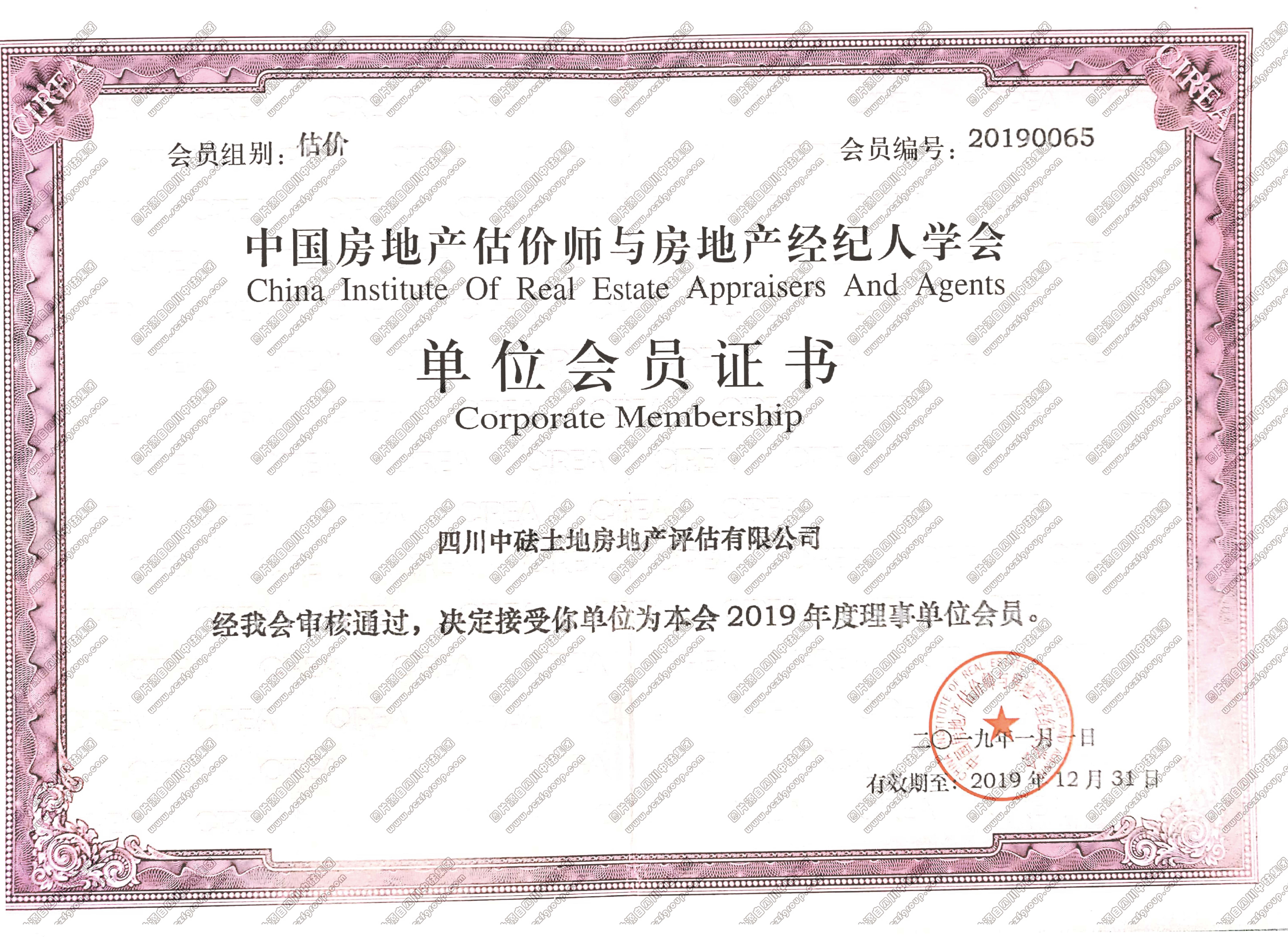 中國(guó)房地產(chǎn)估價(jià)師與房地產(chǎn)經(jīng)紀(jì)人學(xué)會(huì)單位會(huì)員證書